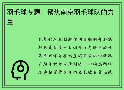 羽毛球专题：聚焦南京羽毛球队的力量
